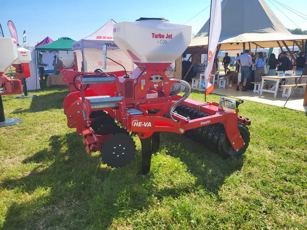 HE-VA Stealth low-disturbance subsoiler on show stand fitted with Stocks Ag Turbo Jet i-CON, 240L hopper