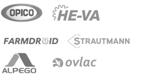 Logos for OPICO, HE-VA, FarmDroid, Strautmann, Alpego, Ovlac